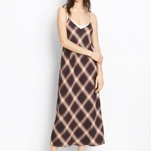 Luxury Designer Vince Plaid Black Red and Cream Maxi Dress Size Large